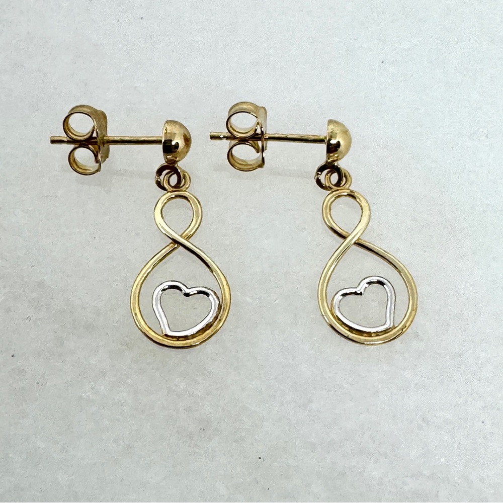 10K Yellow and White Gold 1" Heart Dangle Earrings 1.14g - New